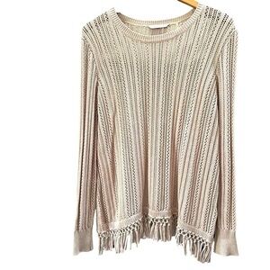Soft Surroundings Open Knit Fringe Sweater Tan Light Brown  Pullover Sz XL